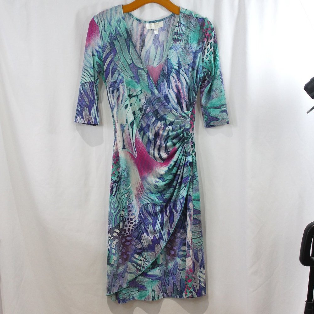 Janine of London Multicolor‎ 3/4 Sleeve Faux Wrap Dress